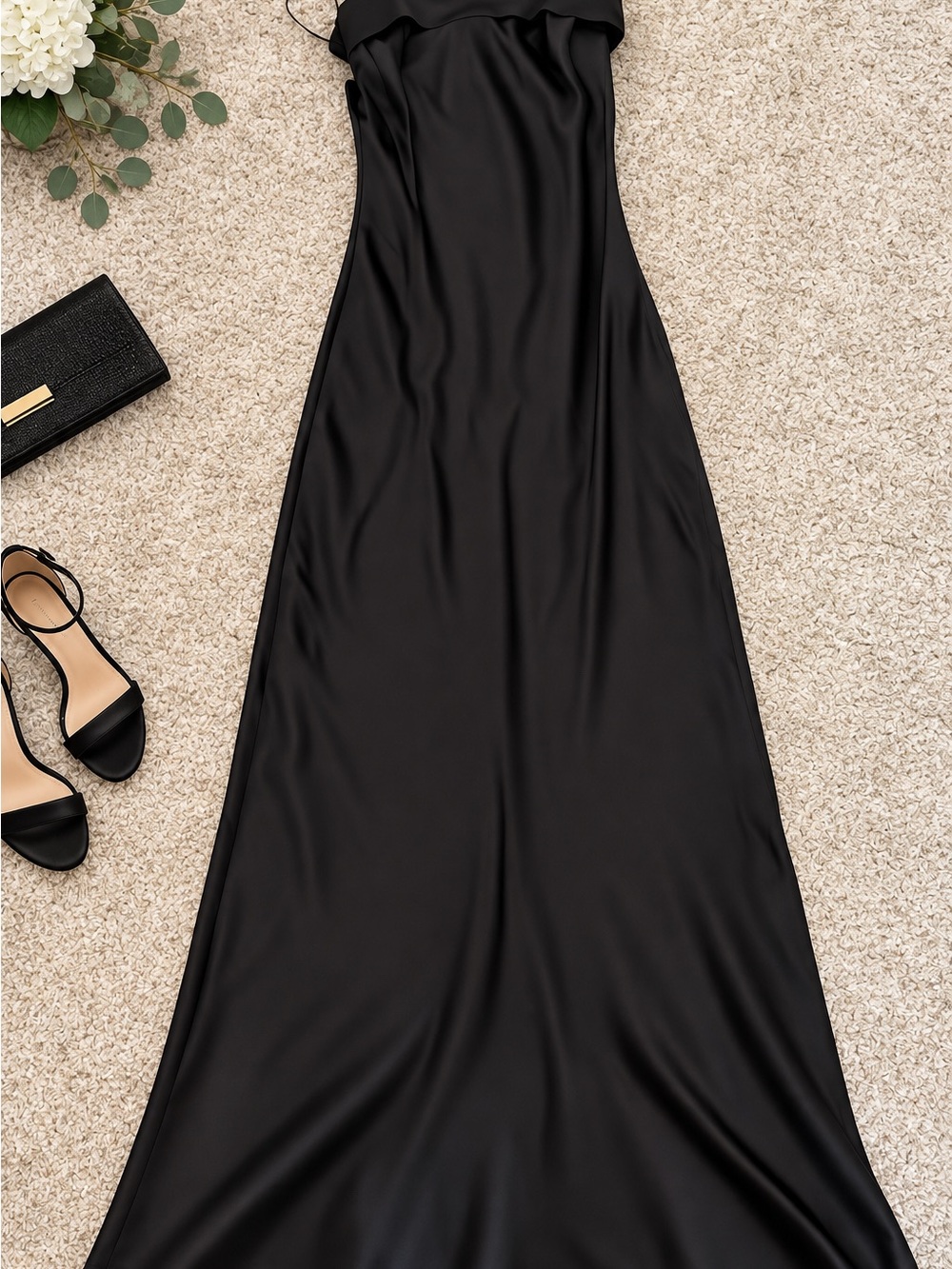 Elegant Black Maxi Satin Dress - Strapless Evening Gown
